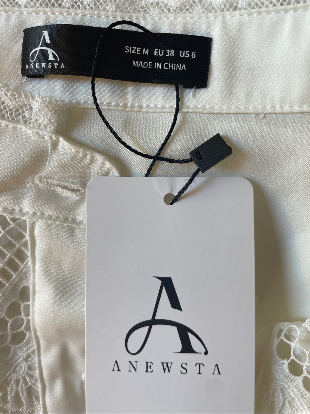 ANEWSTA White Lace-Detailed Button-Down Tie-Back Blouse. 6. NWT. - Picture 2 of 10
